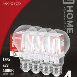 Лампа светодиодная LED-A60-deco 4PACK 13Вт 230В Е27 4000К 1370Лм (4шт./упак) прозрачная IN HOME