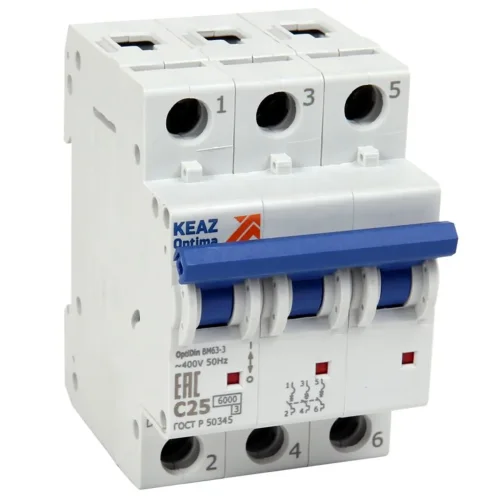 Выключатель автоматический модульный 3п D 16А OptiDin BM63-3D16-УХЛ3 КЭАЗ 260807 - фото