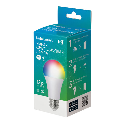 LED-A60-12W-RGBW-E27-230V-WF-FR PLS80WH Умная лампа светодиодная Wi-Fi+Bluetooth, диммируемая, Форма А, матовая, 2700-6500K+RGB, Голосовое управление+приложение UnielSmart, TM Uniel - фото 4