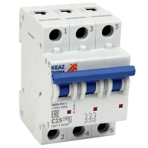 Выключатель автоматический модульный 3п D 32А 10кА OptiDin BM63-M-3D32-10-УХЛ3 КЭАЗ 294819 - фото