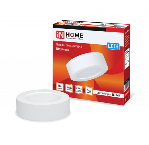 Панель светодиодная накладная круглая NRLP-eco 6Вт 230В 4000К 420Лм 120мм белая IP40 IN HOME - Фото