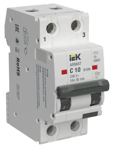 Выключатель автоматический дифференц. тока B10N 2P C10 30мА тип AC ARMAT IEK AR-B10N-2-C010C030 - фото