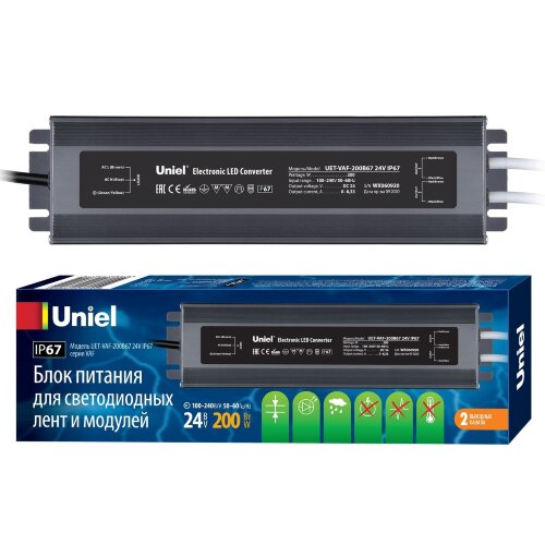 UET-VAF-200B67 24V IP67 2 выхода Блок питания ультратонкий, 200Вт. Металлический корпус. TM Uniel - фото