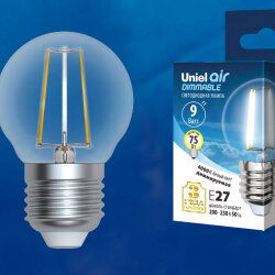 LED-G45-9W-4000K-E27-CL-DIM GLA01TR Лампа светодиодная диммируемая, Форма шар, прозрачная, Серия Air, Белый свет 4000K.
