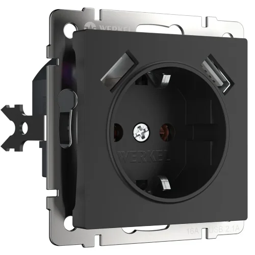 Розетка с заземлением, шторками и USBх2 (черный матовый) W1171508 - фото