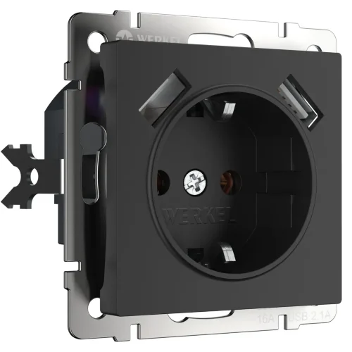 Розетка с заземлением, шторками и USBх2 (черный матовый) W1171508 - фото