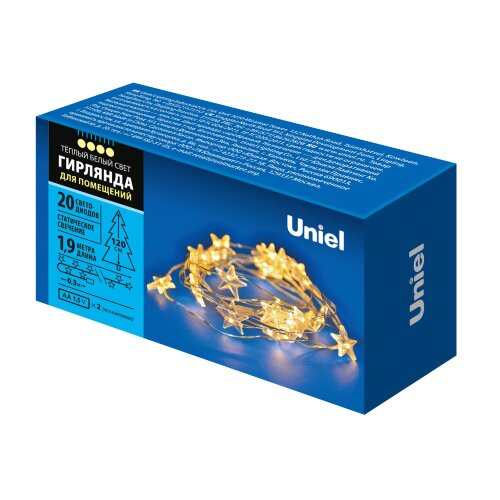 ULD-S1900-020-STB-2AA WARM WHITE IP20 STARS MINI Гирлянда светодиодная на батарейках 2AA не в-к, Звездочки мини, 1.9м, 20 светодиодов, Теплый белый свет, Провод прозрачный, TM Uniel - фото 8