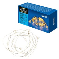 ULD-S1900-020-STB-2AA WARM WHITE IP20 STARS MINI Гирлянда светодиодная на батарейках 2AA не в-к, Звездочки мини, 1.9м, 20 светодиодов, Теплый белый свет, Провод прозрачный, TM Uniel