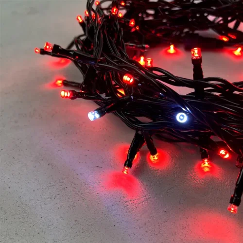 Гирлянда Нить 10м Красная с Мерцанием Белого Диода 24В, 100 LED, Провод Черный ПВХ, IP54. Фото 2.