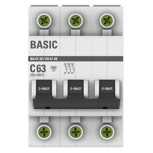 Выключатель автоматический модульный 3п C 63А 4.5кА ВА 47-29 Basic EKF mcb4729-3-63C - фото 2