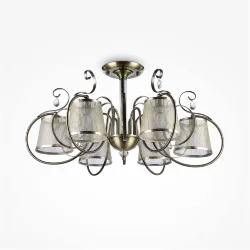 Светильники серии Simone выполнены в классическом стиле. Арматура цвета «античное серебро», абажуры из органзы на ПВХ. Люстры подходят для помещений с невысокими потолками благодаря конструкции «2 в 1». Дизайн изделий дополнен декоративными подвесками. (Б