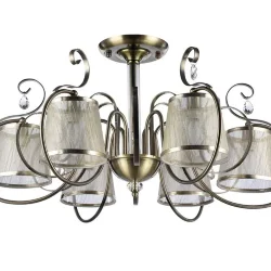 Светильники серии Simone выполнены в классическом стиле. Арматура цвета «античное серебро», абажуры из органзы на ПВХ. Люстры подходят для помещений с невысокими потолками благодаря конструкции «2 в 1». Дизайн изделий дополнен декоративными подвесками. (Б