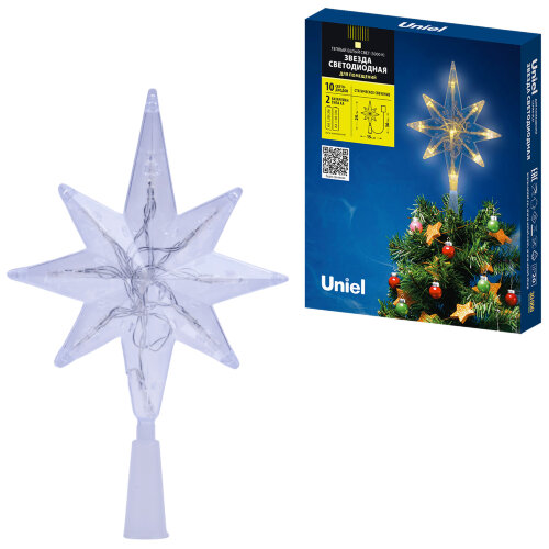 ULD-H1525-009-STB-2AA WARM WHITE STAR-5 Украшение светодиодное для ёлки Звезда-5 на батарейках 2АА не в-к, 15x25 см, 9 светодиодов, Теплый белый свет, Прозрачный провод, TM Uniel - фото 7