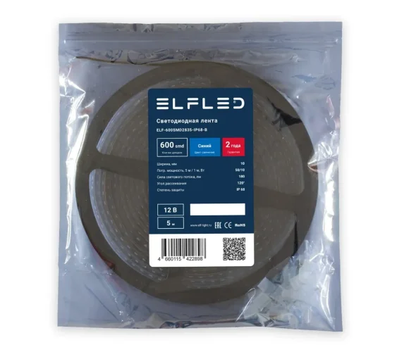 Лента светодиодная герметичная ELF 600SMD (2835), 12В, IP68, 5м, синий - фото 2