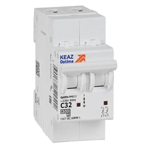 Выключатель автоматический модульный 2п C 32А 4.5кА OptiDin BM63-2C32-4.5-УХЛ3 КЭАЗ 326806 - фото