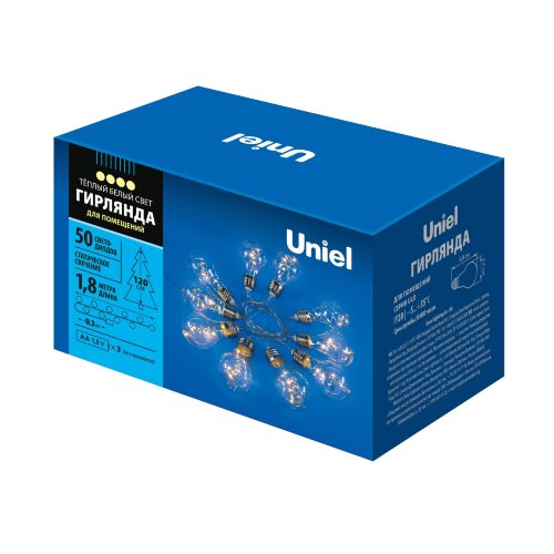 ULD-S1800-050-STB-3AA WARM WHITE IP20 RETRO BULBS-1 Гирлянда светодиодная Лампочки ретро-1, на батарейках 3AA не в-к, 1.8м, 50 светодиодов, Теплый белый свет, Провод прозрачный, TM Uniel - фото 9