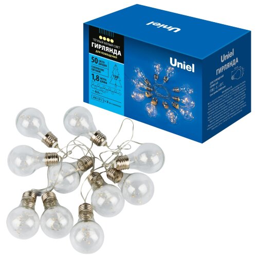 ULD-S1800-050/STB/3AA WARM WHITE IP20 RETRO BULBS-1 Гирлянда светодиодная «Лампочки ретро-1», на батарейках 3AA (не в/к),1,8м. 50 светодиодов. Теплый белый свет. Провод прозрачный. TM Uniel - фото