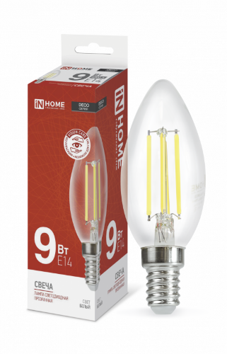 Лампа светодиодная LED-СВЕЧА-deco 9Вт 230В Е14 4000К 1040Лм прозрачная IN HOME - Фото