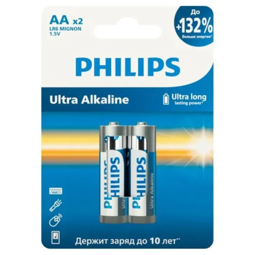 Элемент питания алкалиновый AA/LR6 1.5В Ultra (уп.2шт) Philips Б0064675 - фото