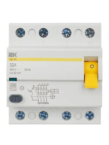 Выключатель дифференциального тока (УЗО) 4п 32А 30мА тип AC ВД1-63 KARAT IEK MDV10-4-032-030 - фото 2