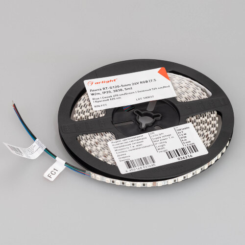 Светодиодная лента RT-G120-5mm 24V RGB (7.5 W/m, IP20, 3838, 5m) (Arlight, узкая) - фото 2