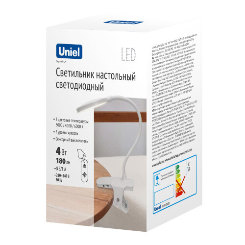 ULM-D605 4W-3000-6000K-DIM WHITE Светильник настольный светодиодный прищепка, Сенсорный выключатель, Диммер, Белый, TM Uniel - фото 10