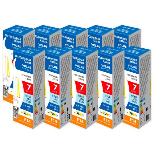 LED-CW35-7W-4000K-E14-CL-SLF SET10 Лампа светодиодная, Форма свеча на ветру, прозрачная, Серия Optima Филамент, Белый свет 4000К, Упаковка 10 штук - фото 1