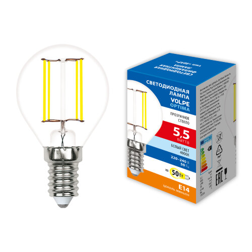 LED-G45-5.5W-4000K-E14-CL-SLF Лампа светодиодная, Форма шар, прозрачная, Белый свет 4000K - фото 3