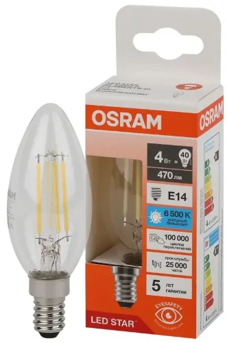 Лампа светодиодная филаментная 5W/6500K (=60W) E14 | Свеча | LED STAR 5Y FILAMENT | - OSRAM. Фото