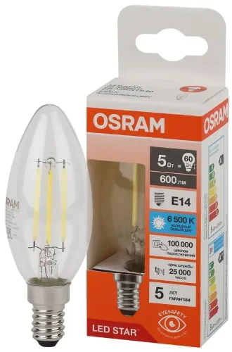 Лампа светодиодная филаментная 5W/6500K (=60W) E14 | Свеча | LED STAR 5Y FILAMENT | - OSRAM. Фото 2