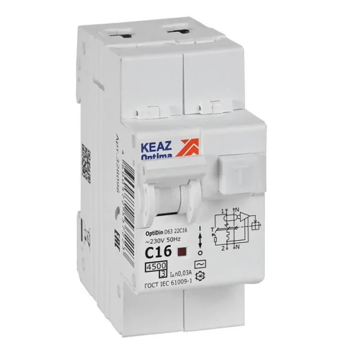 Выключатель автоматический дифференциального тока 2п с защитой от сверхтоков OptiDin D63-22C16-AC-У3 C16 30мА 4.5кА КЭАЗ 328098 - фото