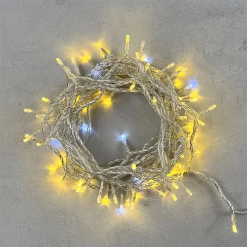 Гирлянда Нить 10м Золотой с Мерцанием Белого Диода 220В, 100 LED, Провод Прозрачный ПВХ, IP54. Фото 1.