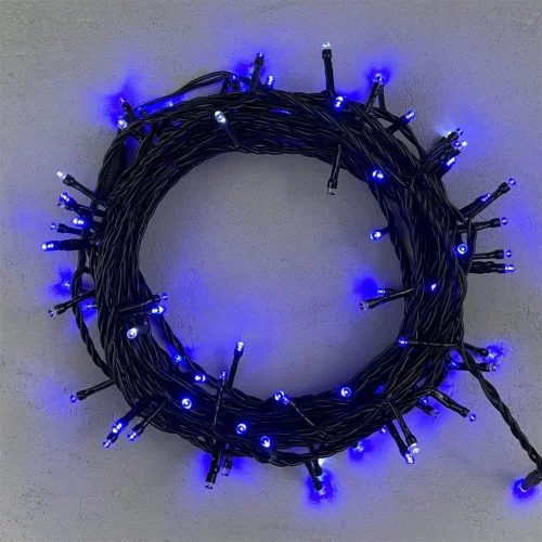 Гирлянда Нить 10м Синяя с Мерцанием Белого Диода 24В, 100 LED, Провод Черный ПВХ, IP54. Фото 1.