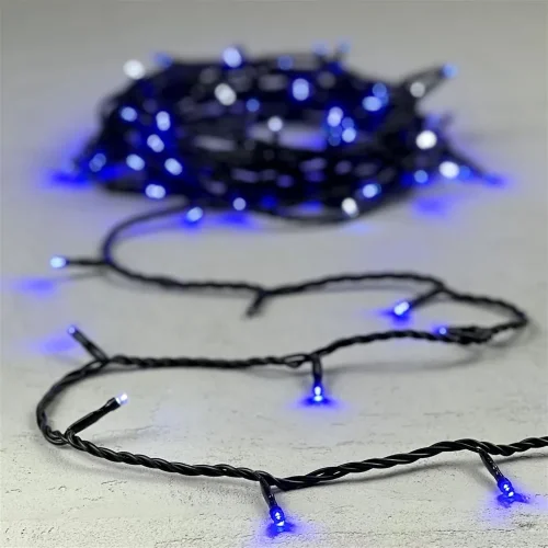 Гирлянда Нить 10м Синяя с Мерцанием Белого Диода 24В, 100 LED, Провод Черный ПВХ, IP54. Фото 6.