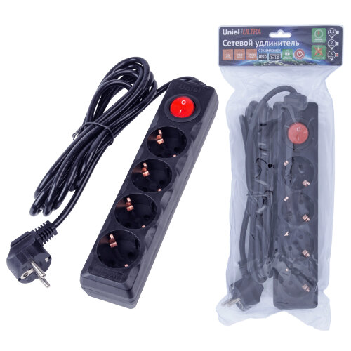 S-GCU4-3B BLACK Удлинитель серии Ultra, шнур 3м., 4 гнезда, 16A, с-з, Черный, TM Uniel - фото 6