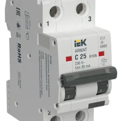 Выключатель автоматический дифференциального тока B10N 2P C25 30мА тип AC ARMAT IEK AR-B10N-2-C025C030
