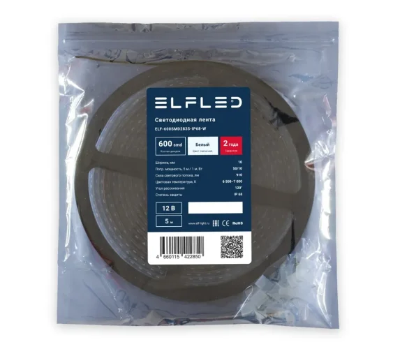 Лента светодиодная герметичная ELF 600SMD (2835), 12В, IP68, 5м, белый - фото 3