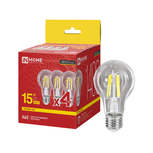 Лампа светодиодная LED-A60-deco 4PACK 15Вт 230В Е27 3000К 1480Лм (4шт./упак) прозрачная IN HOME - Фото
