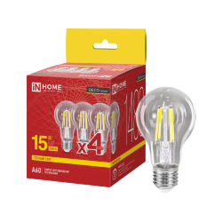 Лампа светодиодная LED-A60-deco 4PACK 15Вт 230В Е27 3000К 1480Лм (4шт./упак) прозрачная IN HOME