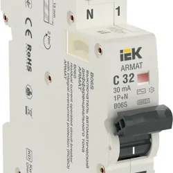 Выключатель автоматический дифференциального тока 2п (1P+N) C 32А 30мА тип AC АВДТ B06S 18мм ARMAT IEK AR-B06S-1N-C32C030