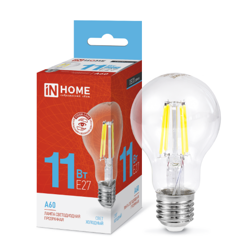 Лампа светодиодная LED-A60-deco 11Вт 230В Е27 6500К 1160Лм прозрачная IN HOME - Фото