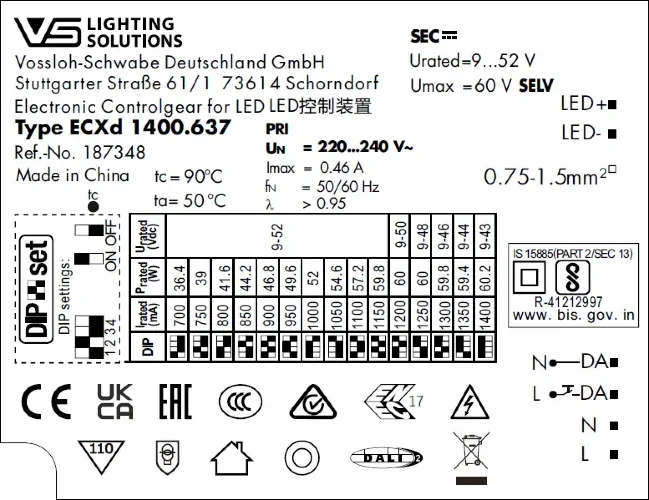 VS 36-60W DALI2/DIP 700-1400мА 9-52V ECXd 1400.637 DIP-переключатель 110x74x30мм - Драйвер для светодиодов Vossloh-Schwabe. Фото 3