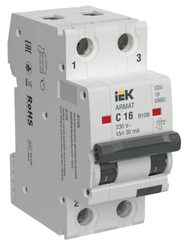 Выключатель автоматический дифференциального тока B10N 2P C16 30мА тип A ARMAT IEK AR-B10N-2-C016A030 - фото