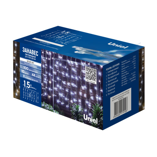 ULD-C1515-100/DTA WHITE IP20 Занавес светодиодный, 1,5х1,5м. 100 светодиодов. Белый свет. Провод прозрачный. TM Uniel - фото