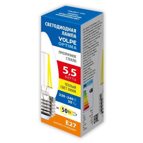 LED-C35-5.5W-3000K-E27-CL-SLF Лампа светодиодная, Форма свеча, прозрачная, Теплый белый свет 3000K - фото 2