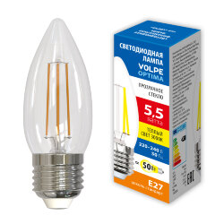LED-C35-5.5W-3000K-E27-CL-SLF Лампа светодиодная, Форма свеча, прозрачная, Теплый белый свет 3000K