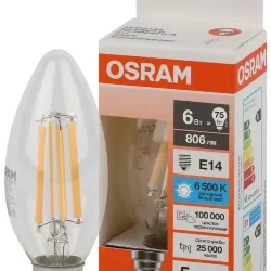 Лампа светодиодная филаментная 6W/6500K (=75W) E14 | Свеча | LED STAR 5Y FILAMENT | - OSRAM