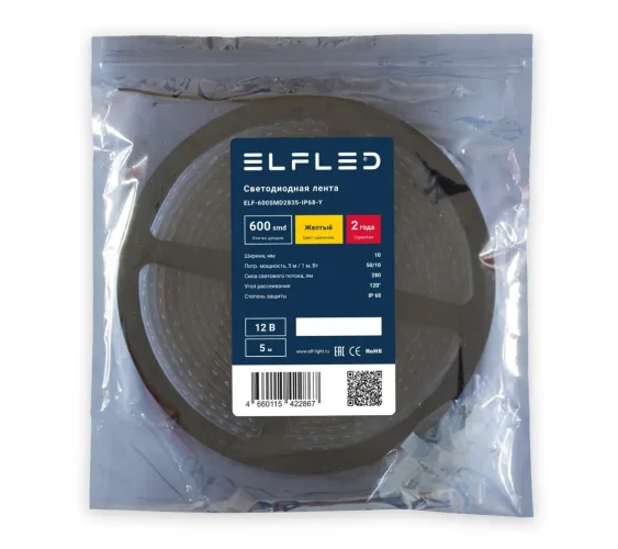 Лента светодиодная герметичная ELF 600SMD (2835), 12В, IP68, 5м, желтый - фото 2