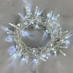 Гирлянда Нить с Колпачком 10м Белая с Мерцанием Белого Диода 24В, 100 LED, Провод Прозрачный ПВХ, IP65