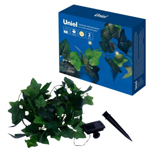 USL-S-135/PT2000 IVY Садовая гирлянда на солнечной батарее «Плющ». 20 светодиодов. Теплый белый свет. 1*АА Ni-Mh аккумулятор в/к. IP44. TM Uniel - фото